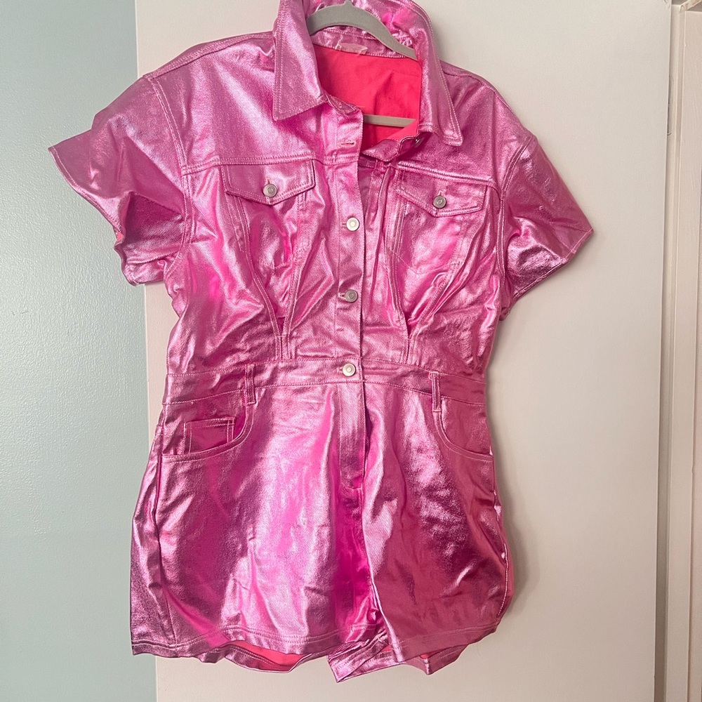 Shiny Pink Short-Sleeve Romper